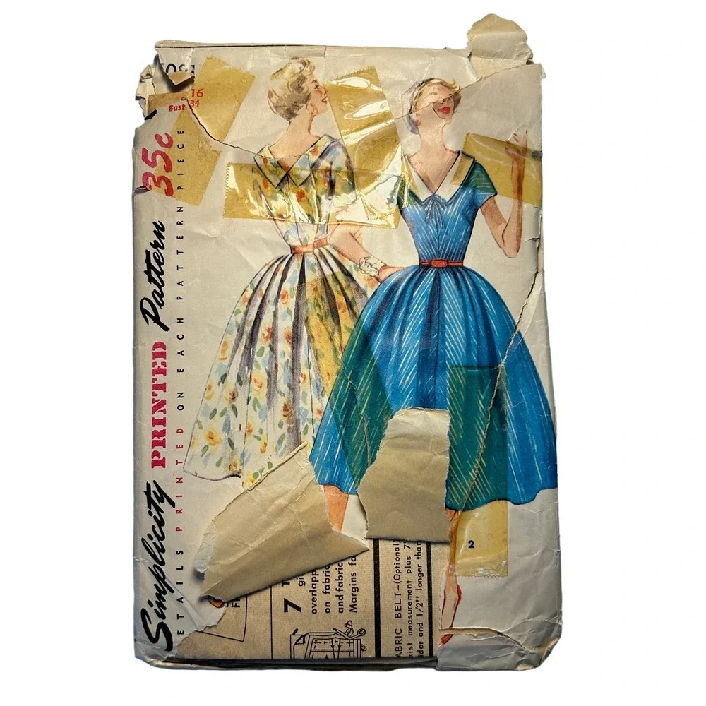 Simplicity Vintage 1950's Pattern #1081 Misses‎ Dress Detachable Collar Size 16